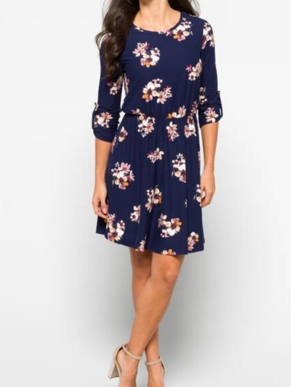 French Grey Navy Floral Elastic-Waist Mini Dress